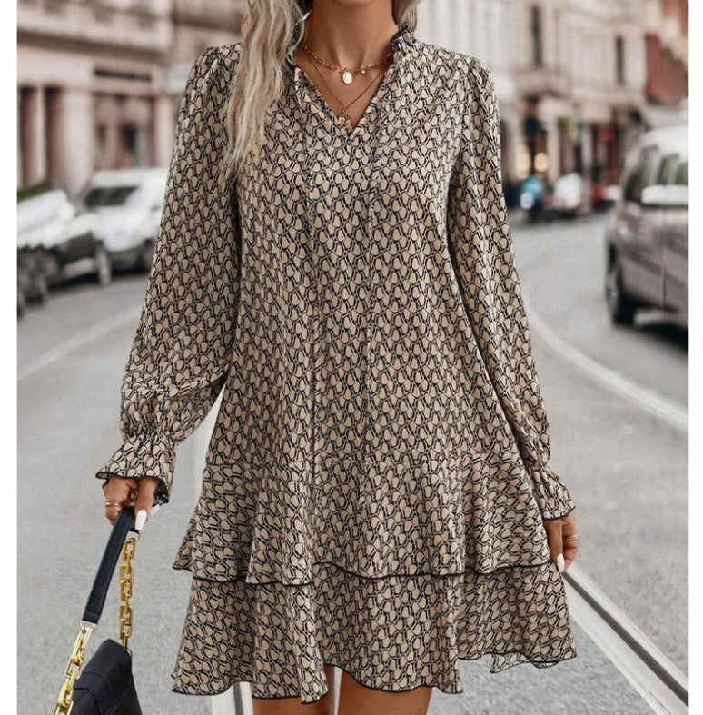 Bohemian Printed V-neck Lace-up Long Sleeve Dress for Women