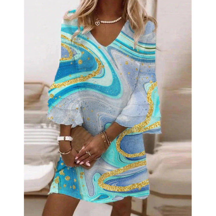 Women's V-Neck Ruffled Gold Marble Dress