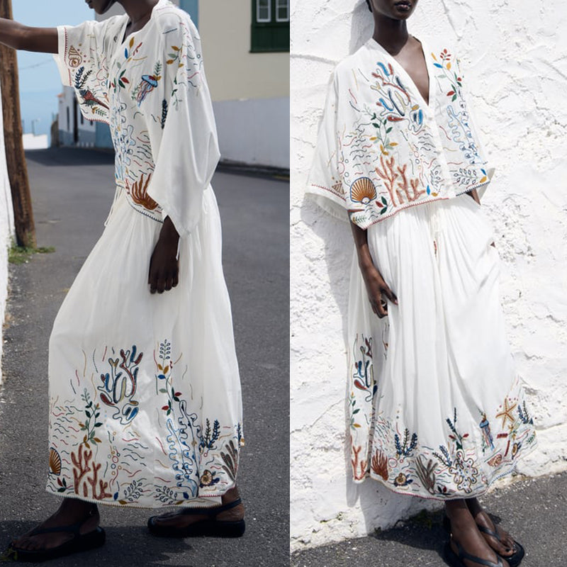 Boho Sea Life Embroided Shirt/ Skirt Set