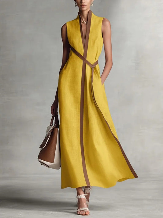 Color Block Sleeveless Stand Collar Linen Blend Dress – Elegant Summer Midi Dress
