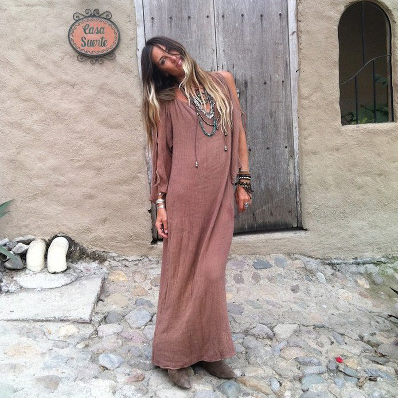 Bohemian Leisure Dress Women's Trumpet Sleeve Maxi Dress