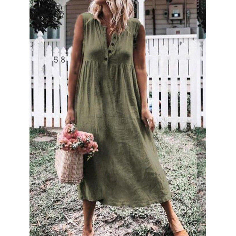 Boho Pullover Polo Collar Sleeveless Cotton And Linen Swing Dress