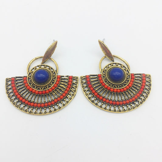 Bohemian Fan Tassel Stud Earrings – Rice Bead Semi-Circular Dangle Earrings