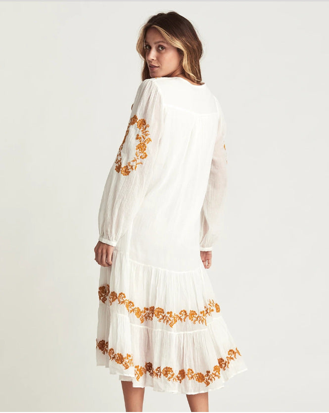 Bohemian V-neck Embroidered Loose Dress Embroidered Maxi