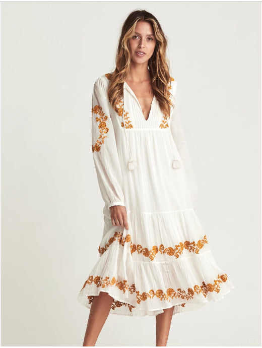 Bohemian V-neck Embroidered Loose Dress Embroidered Maxi