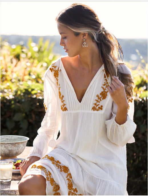 Bohemian V-neck Embroidered Loose Dress Embroidered Maxi