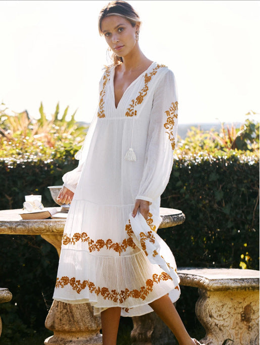 Bohemian V-neck Embroidered Loose Dress Embroidered Maxi