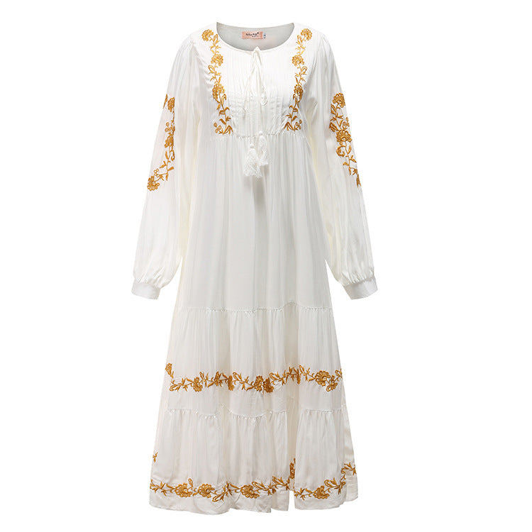Bohemian V-neck Embroidered Loose Dress Embroidered Maxi
