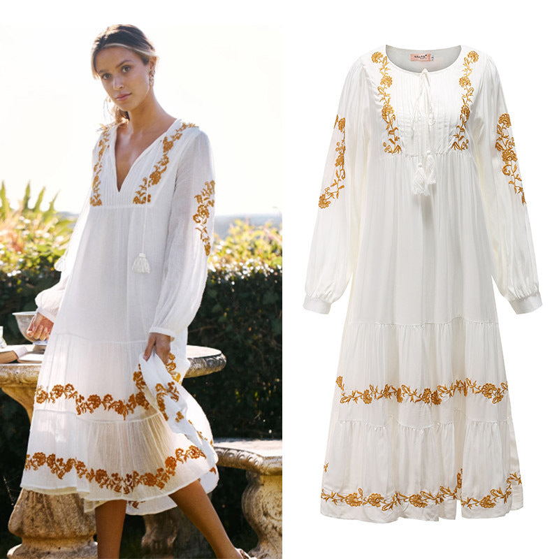 Bohemian V-neck Embroidered Loose Dress Embroidered Maxi