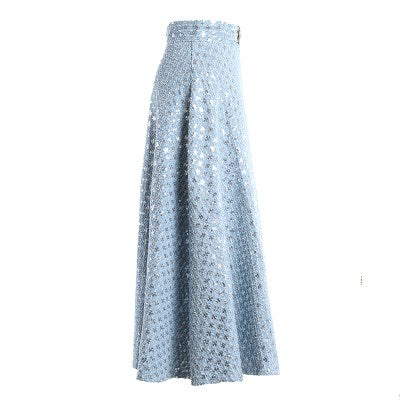 Mid-Length Embroidered Sequins High-Waisted Umbrella Denim Skirt – Retro Style