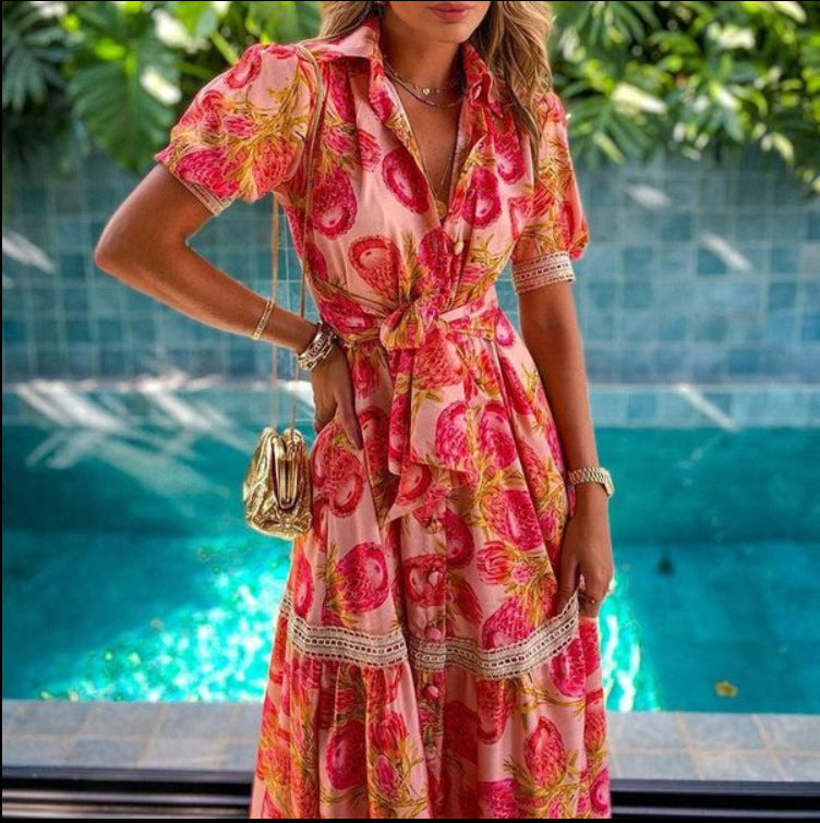 Boho Floral Short Sleeve Bohemian Maxi Dress for Women
