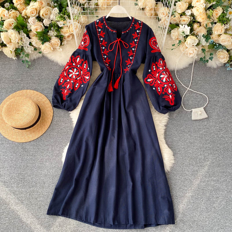 Sashay Apparel Floral Embroidered Bohemian Chic Round Neck Lantern Sleeve Dress