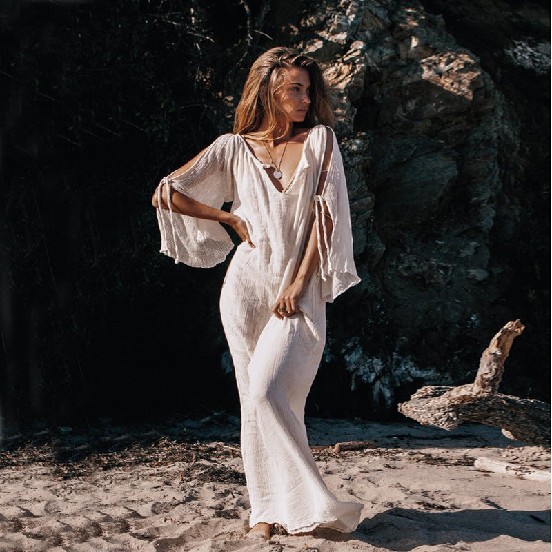 Bohemian Leisure Dress Women's Trumpet Sleeve Maxi Dress