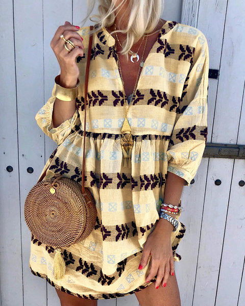 Women's Bop-Around Three-Quarter Sleeve Loose V-Neck Boho T-Shirt Dress