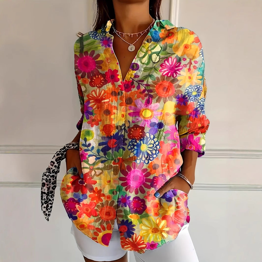 Long Sleeve Casual Women’s Shirt – Floral Plant Loose Fit Button-Up Top