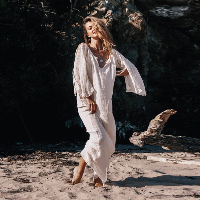 Bohemian Leisure Dress Women's Trumpet Sleeve Maxi Dress