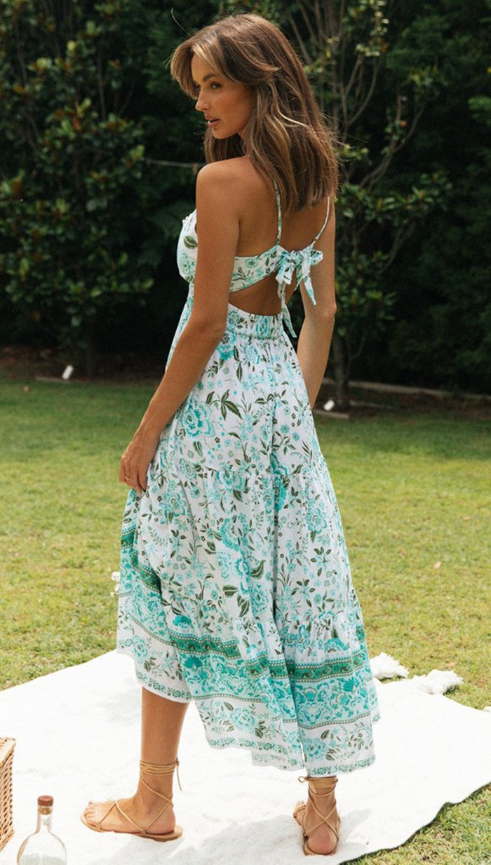 Ladies V-Neck Bohemian Flower Long Skirt Halter Lace-up Dress