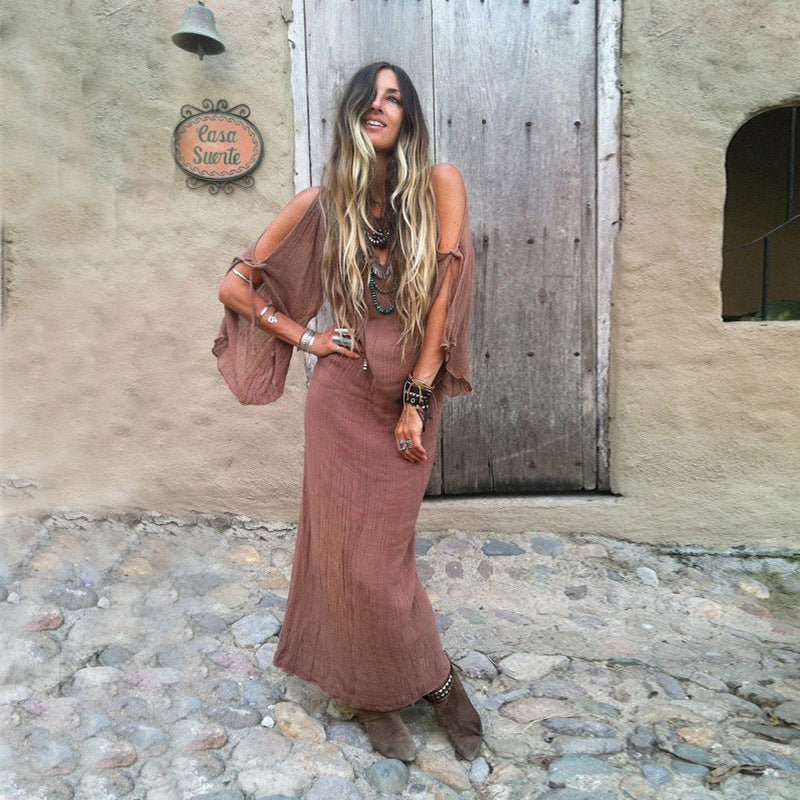 Bohemian Leisure Dress Women's Trumpet Sleeve Maxi Dress