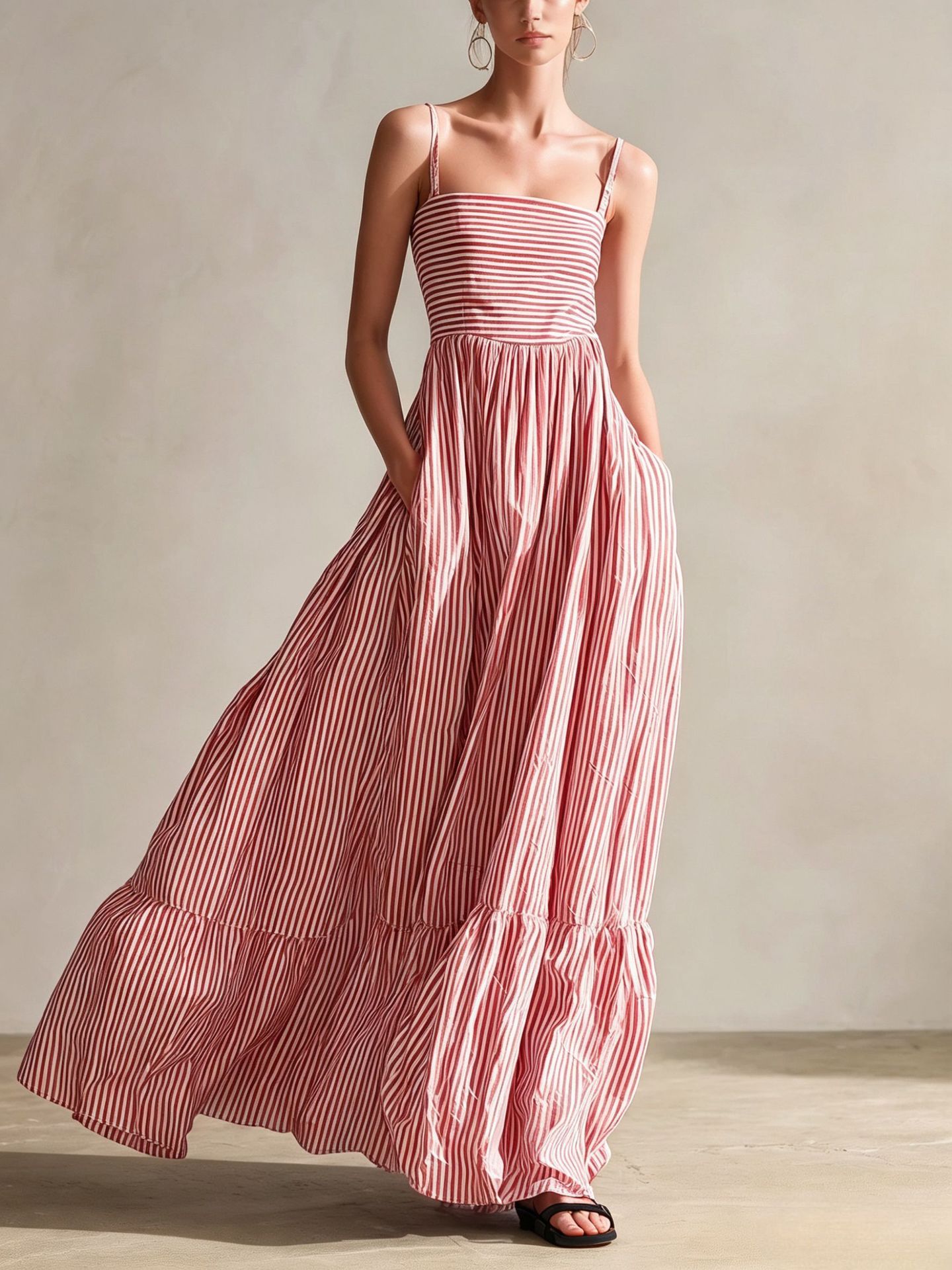 Striped Sleeveless Thin Strap Maxi Dress – High Waist Flowing Long Dress