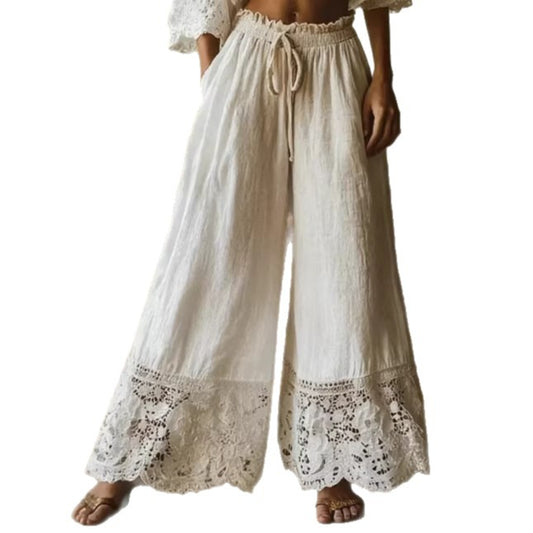 Fashionable Solid-Colored Lace-Trimmed Womens Pants