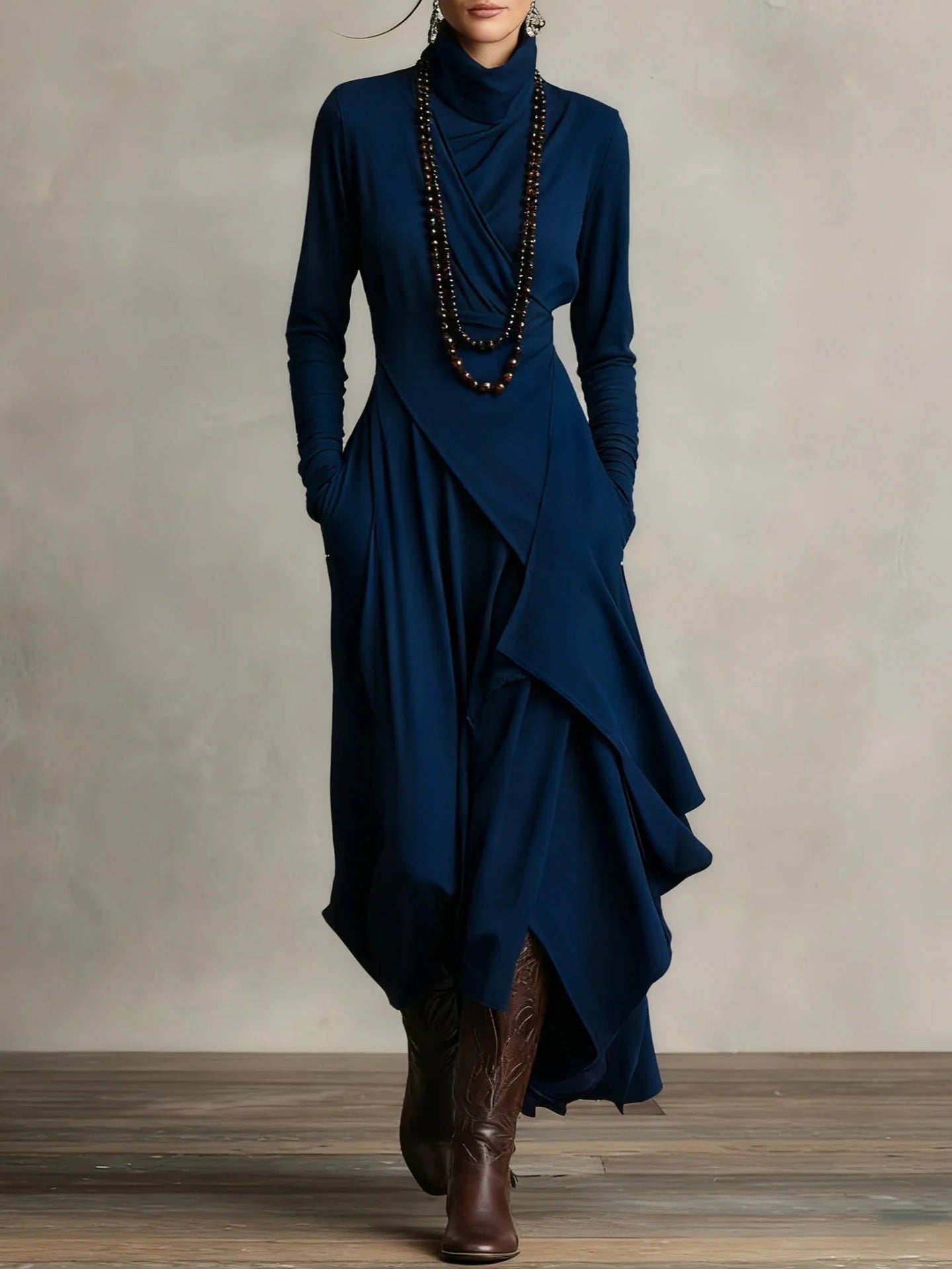 Solid Color Long Sleeve Cross Wrap High Neck Maxi Dress