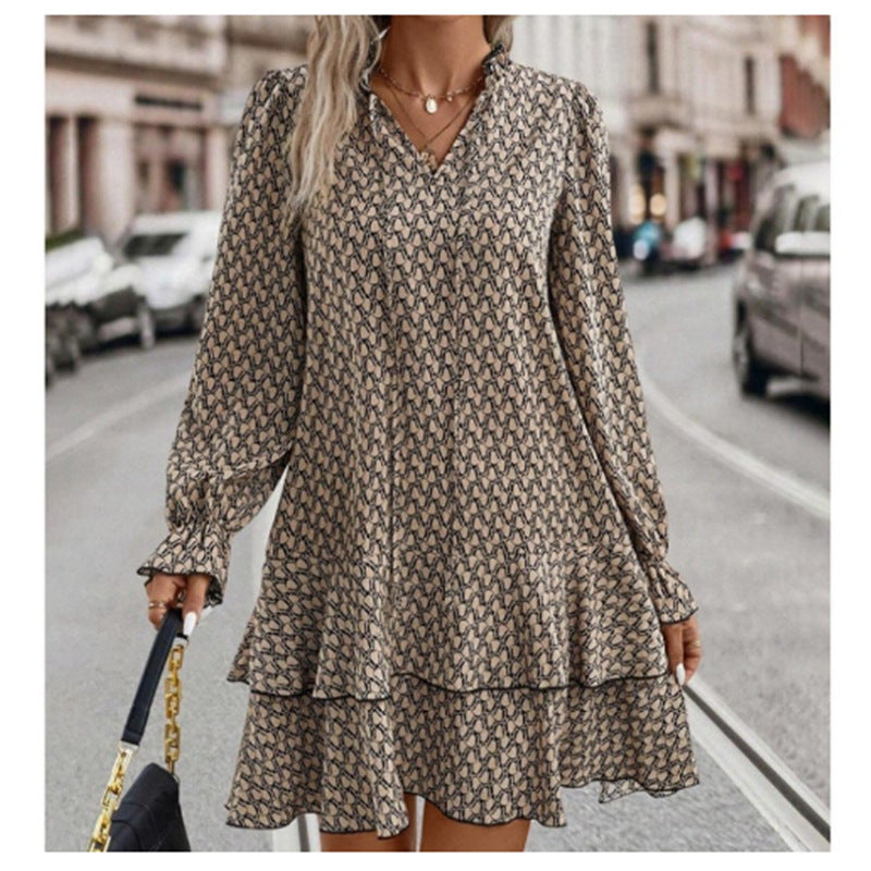 Bohemian Printed V-neck Lace-up Long Sleeve Dress for Women