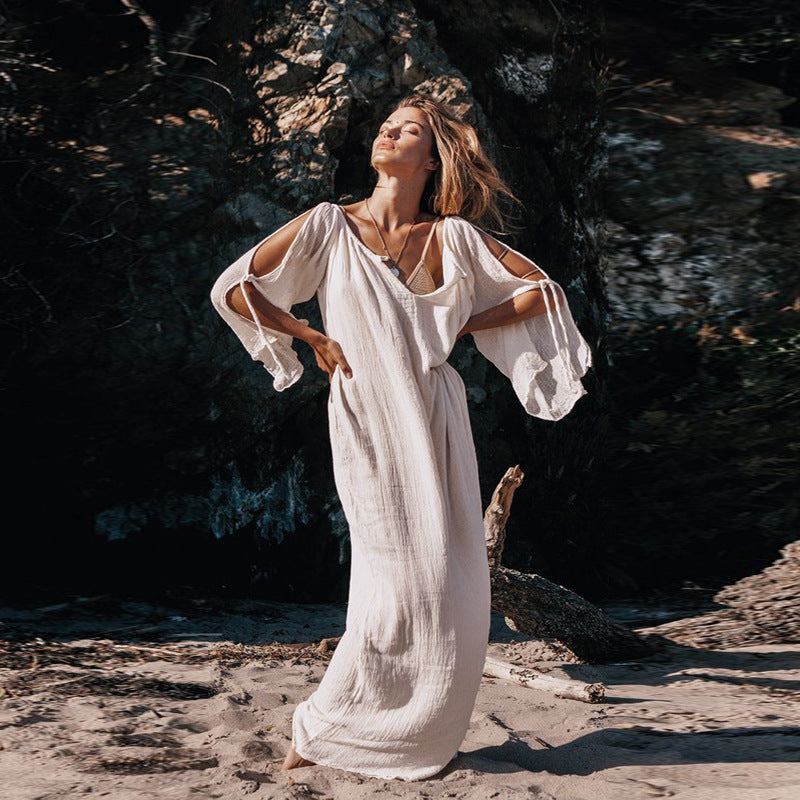 Bohemian Leisure Dress Women's Trumpet Sleeve Maxi Dress
