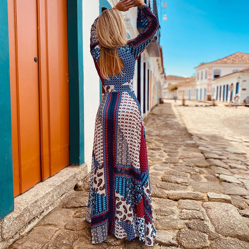 Patchwork Print Women's Backless Bohemian Swing Dress