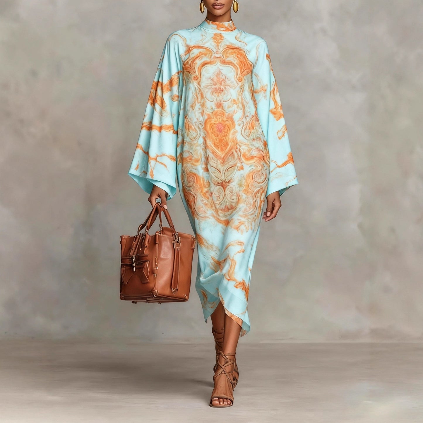 Retro Color Block Satin Flared Sleeve Midi Dress – Elegant Flowy A-Line Dress