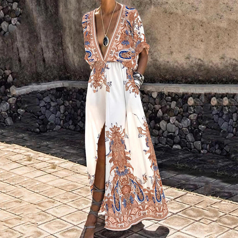 Boho Maxi Dress Women Deep-V Bohemian Vintage Design