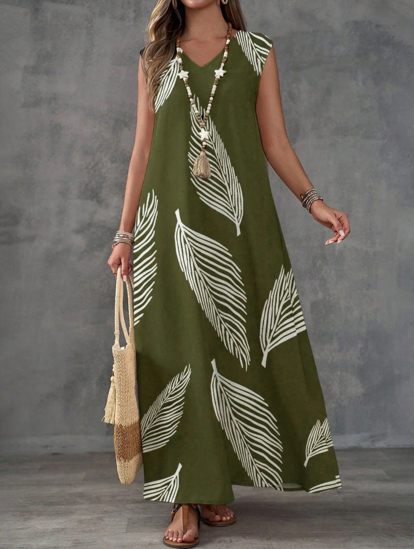 Summer Vacation Style Casual Printed V-Neck Dress