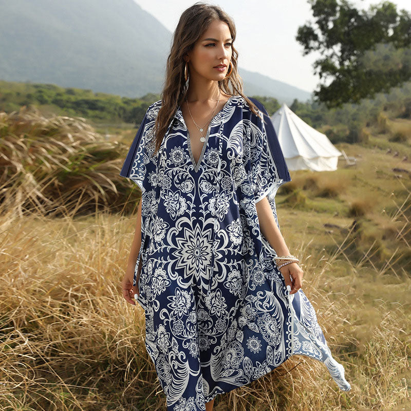 Coastal Boho V-Neck Midi Loose Dress