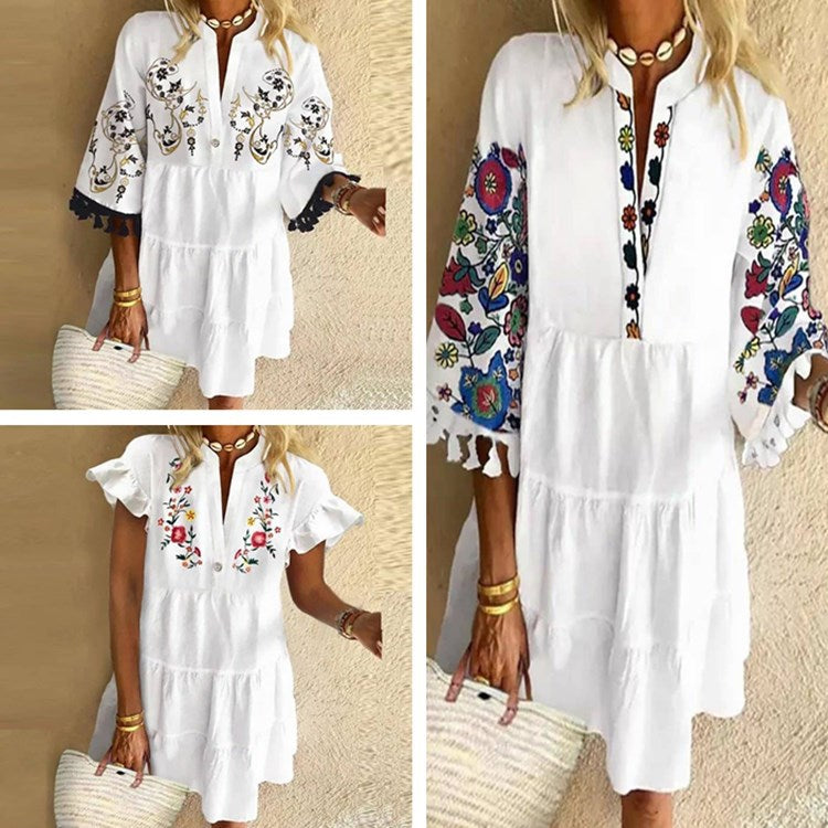 Vintage Elegant Woman's Boho Summer Floral Sundress V Neck Trumpet Sleeve Tassle