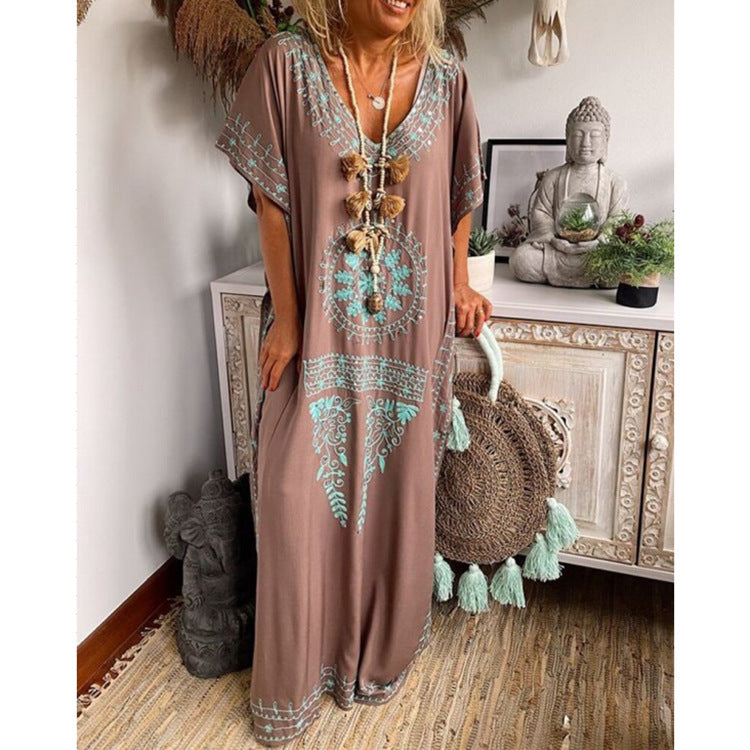 Loose V-Neck Street Style Boho Print Maxi Dress