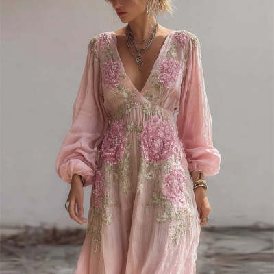 Floral Printed Loose Retro Long Dress – V-Neck Artistic Bamboo Linen Maxi