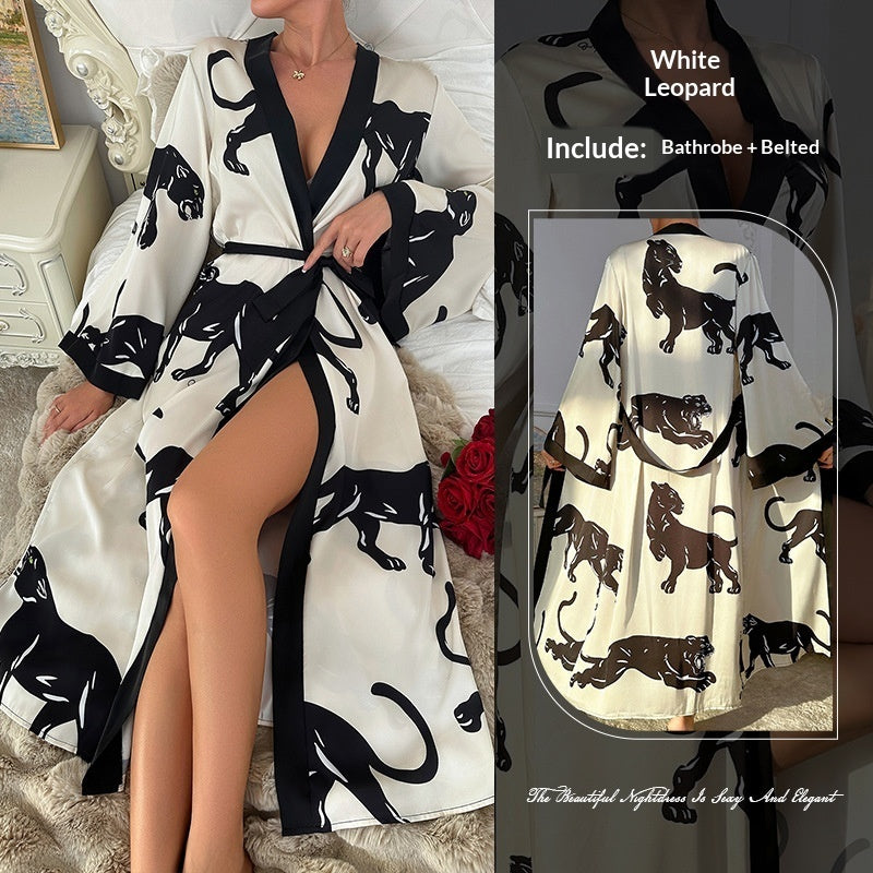 Women's Long Satin Bathrobe Pajamas – Imitation Silk Leopard Print Kimono Robe