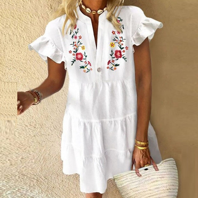 Vintage Elegant Woman's Boho Summer Floral Sundress V Neck Trumpet Sleeve Tassle