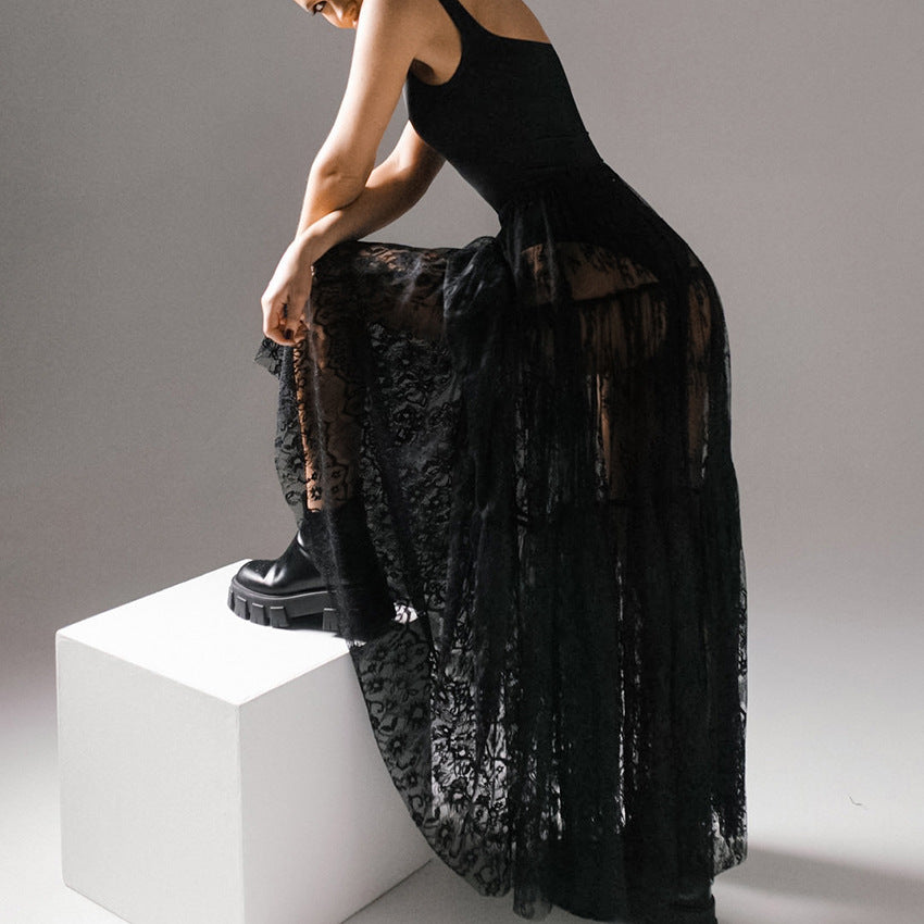 Fashion Personalized Lace Skirt For Women – Elegant Solid Black Lace Midi Skirt