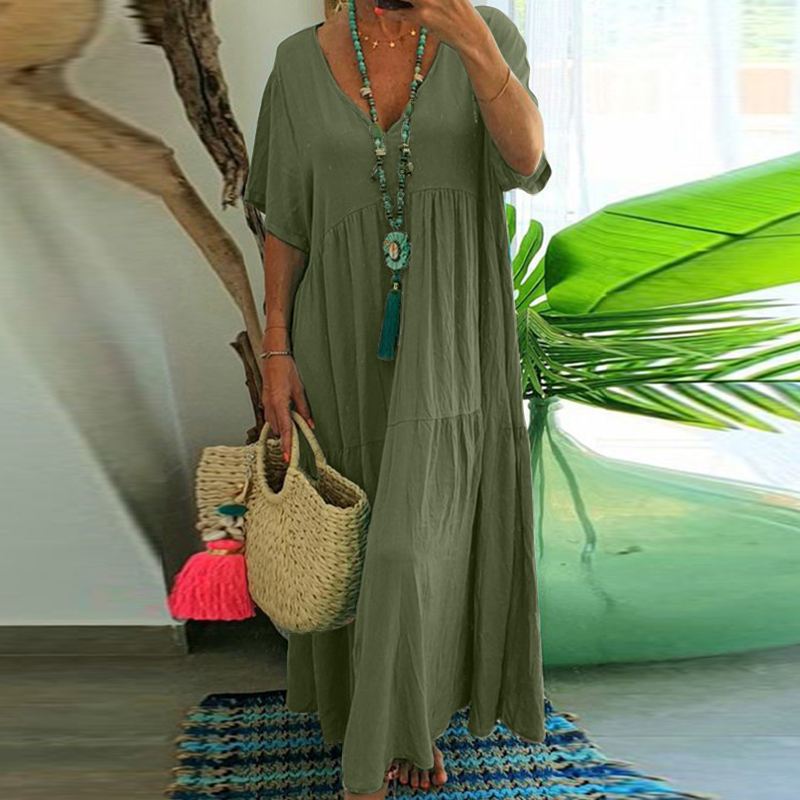 Women's Chic Boho Cotton V Neck Solid Color Maxi Swing Dress
