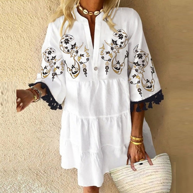 Vintage Elegant Woman's Boho Summer Floral Sundress V Neck Trumpet Sleeve Tassle