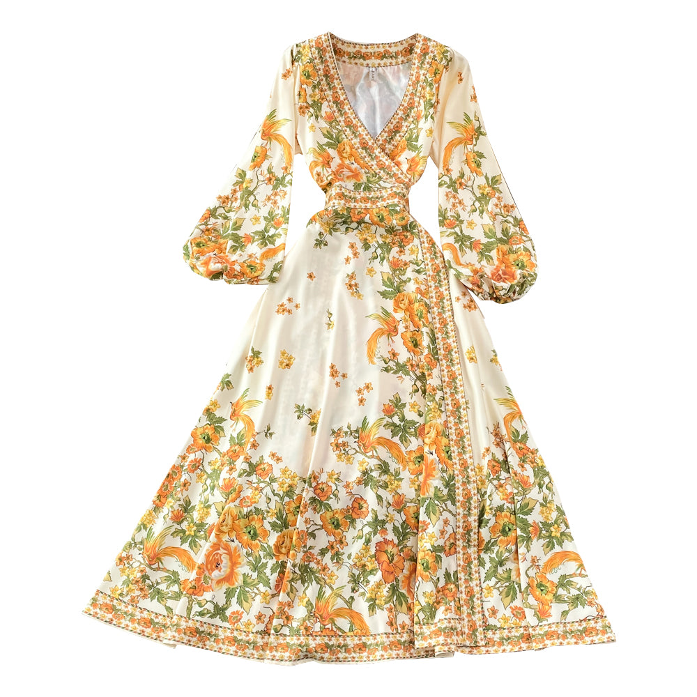 Oh-so-Boho Chic Women's Puff Sleeve Elegant Floral Print Maxi