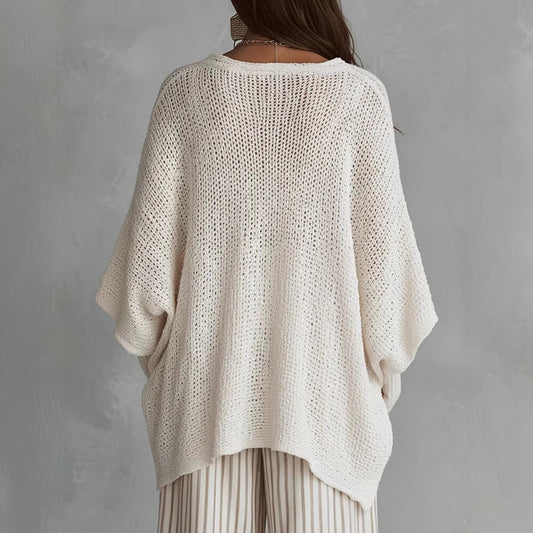 Vintage Hollow-Out Long Sleeve Knit Top – Loose Fit Solid Color Sweater