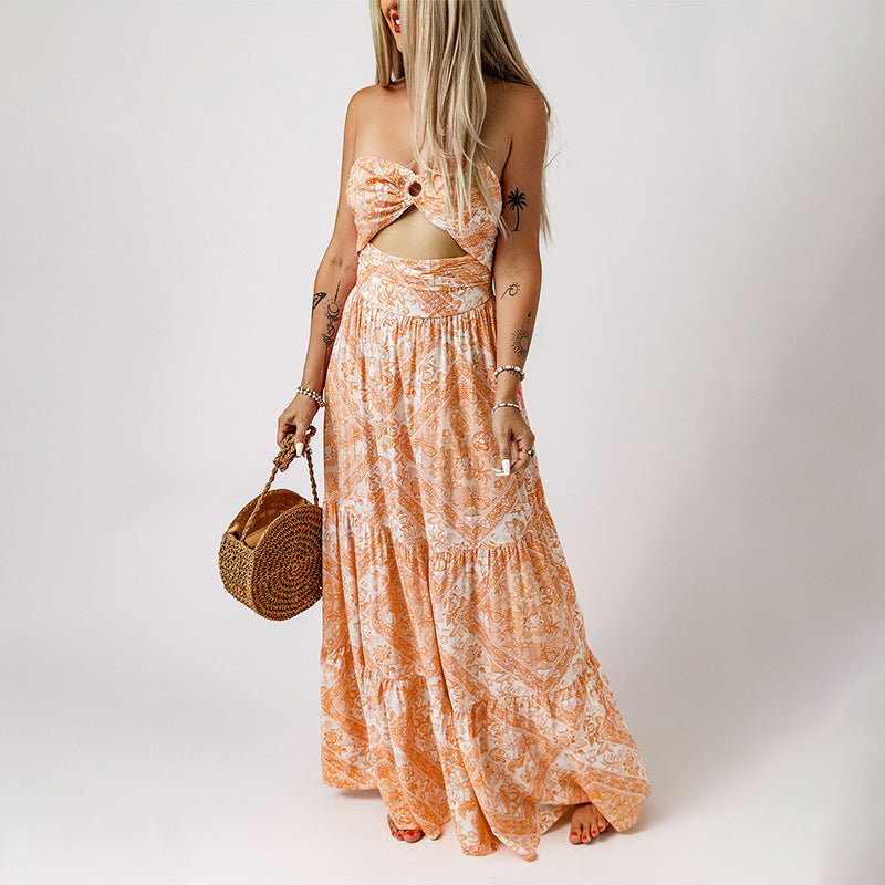 Boho Maxi Round Tube Top Ruffled Skirt Chic Dress