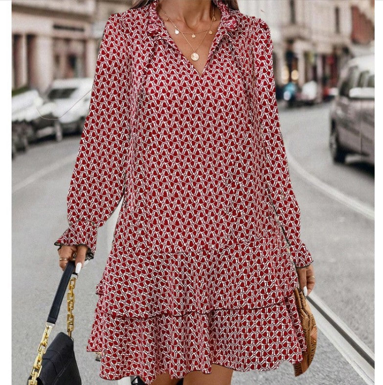 Bohemian Printed V-neck Lace-up Long Sleeve Dress for Women