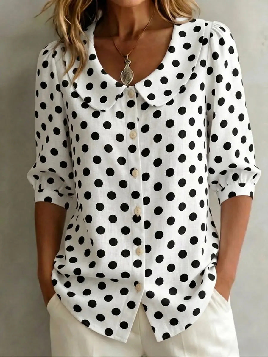 Vintage Polka Dot Loose Fit Cardigan Shirt – Retro Three-Quarter Sleeve Blouse