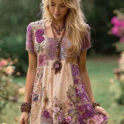 Purple Floral Print Gradient Flowy Linen Midi Dress – Elegant Leisure A-Line Dress