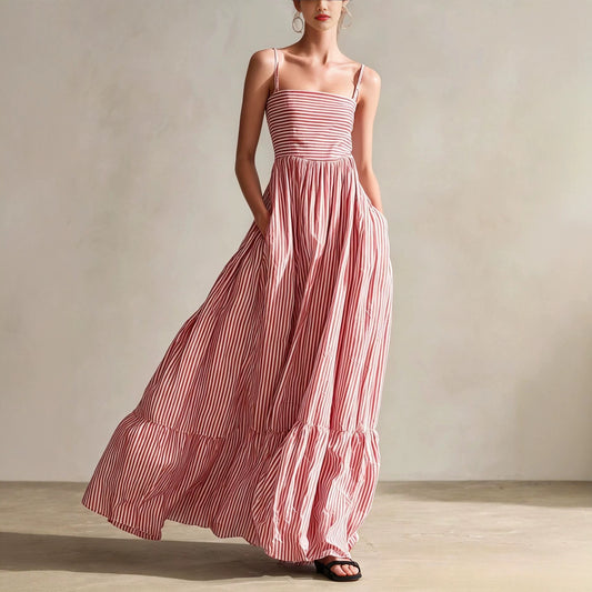 Striped Sleeveless Thin Strap Maxi Dress – High Waist Flowing Long Dress