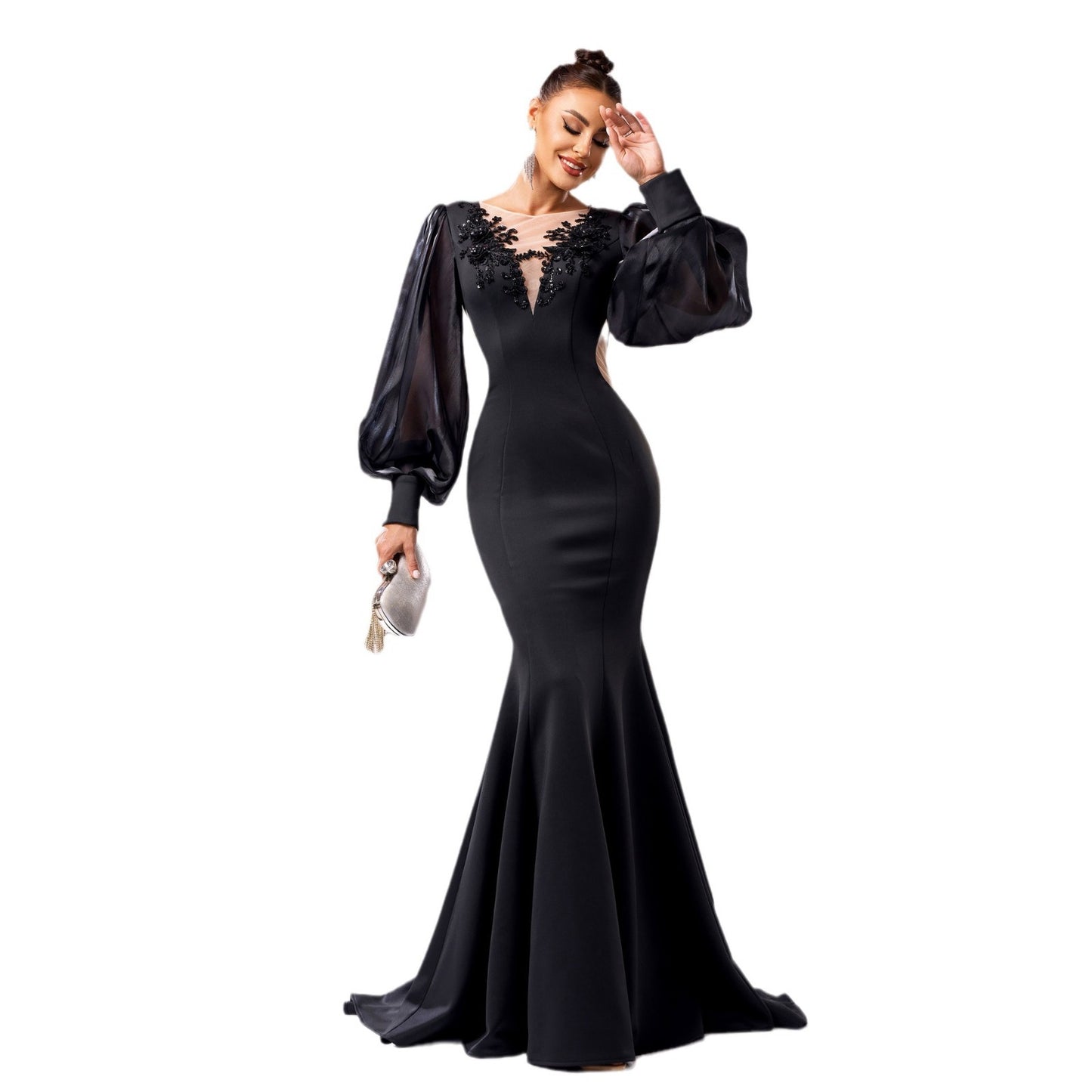 Elegant Sequin Applique Long Sleeve Fishtail Sheath Dress – High Waist Banquet Gown