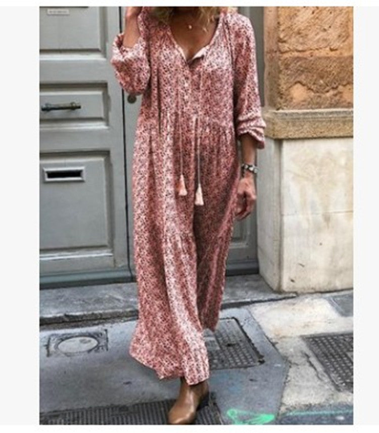 Women's Cotton Boho V Neck Liesure/Resort Loose Maxi Dress Bohemian Vintage Print Design