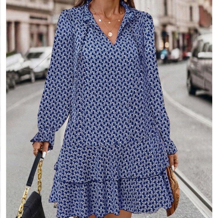Bohemian Printed V-neck Lace-up Long Sleeve Dress for Women